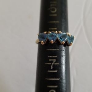 Blue Topaz heart shape row Women's 10k yellow Gold Ring 4 sz 6